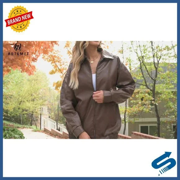 Oversized Faux Leather Motorcycle Jacket - Zipper Closure Fall Coat